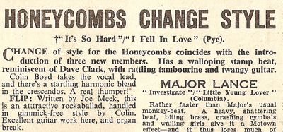 Cutting from NME 15th July 1966 reviewing The Honeycombs new single Its So Hard.